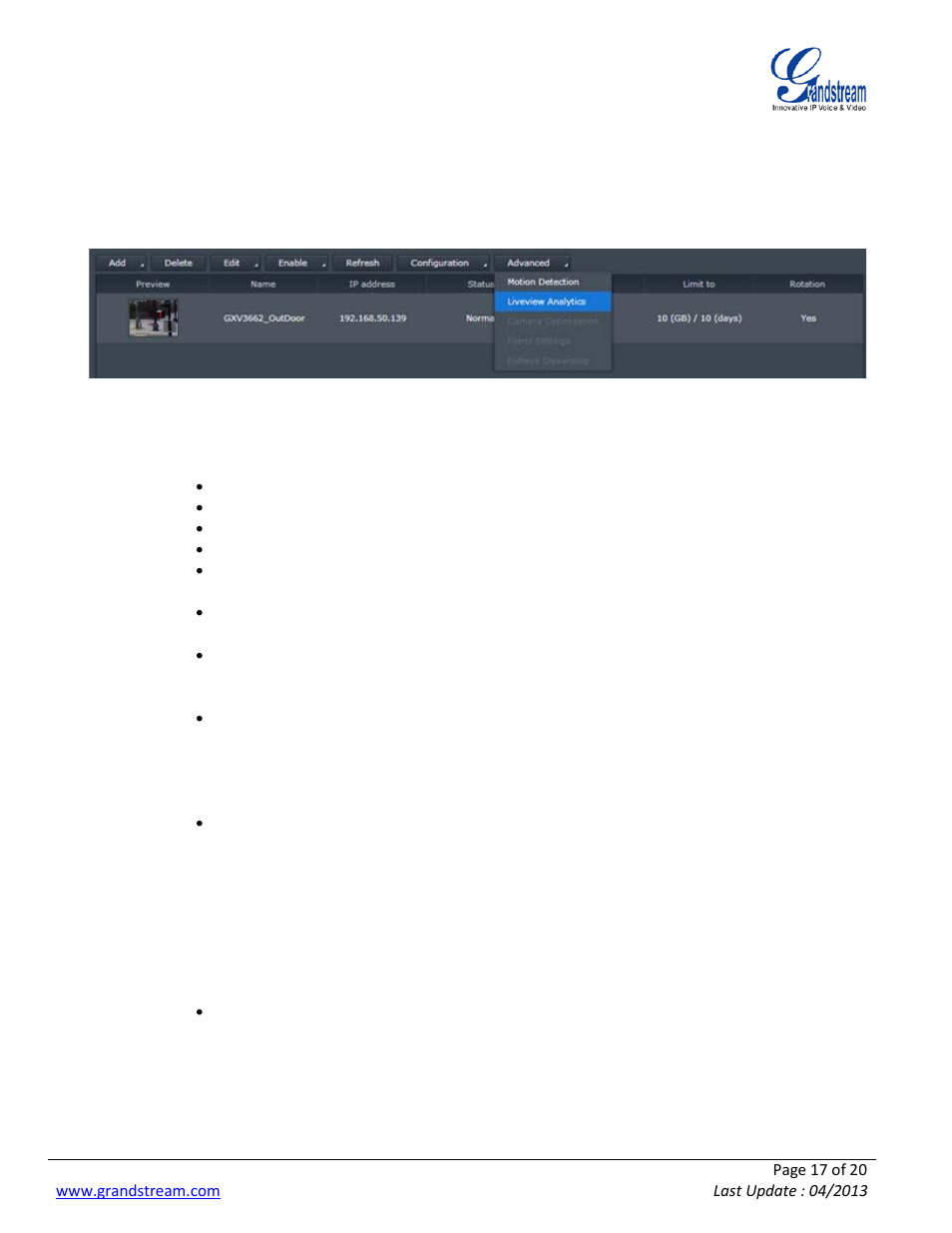 Liveview analytics, Iveview, Nalytics | Grandstream Synology User Manual | Page 17 / 20