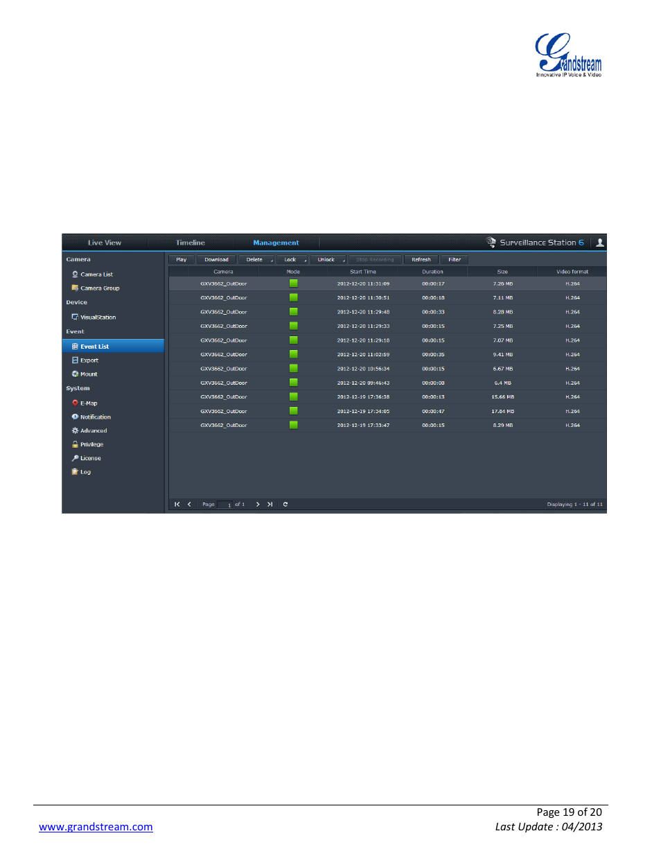 Events list, Vents | Grandstream Synology User Manual | Page 19 / 20