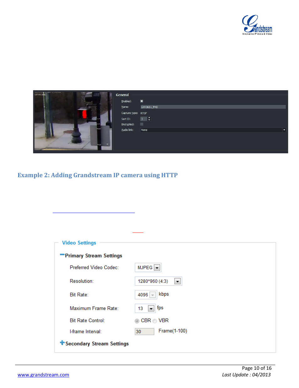 Example 2: adding grandstream ip camera using http, Xample, Dding | Randstream, Camera using, Http | Grandstream Wavestore User Manual | Page 10 / 16