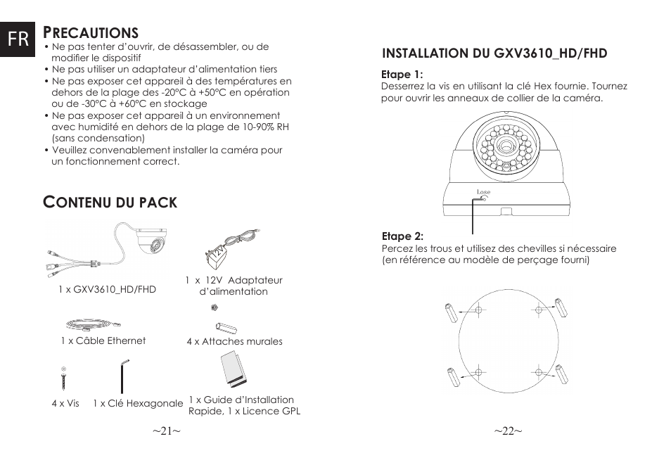 Recautions, Ontenu du pack | Grandstream GXV3610 v2 Series Quick Installation Guide User Manual | Page 13 / 47