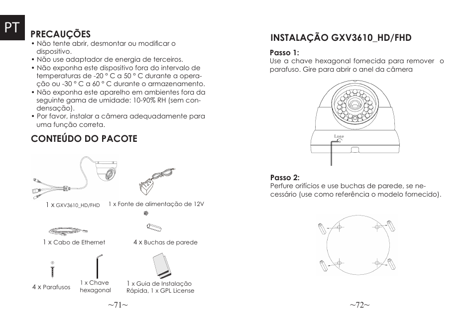 Precauções conteúdo do pacote, Instalação gxv3610_hd/fhd | Grandstream GXV3610 v2 Series Quick Installation Guide User Manual | Page 38 / 47