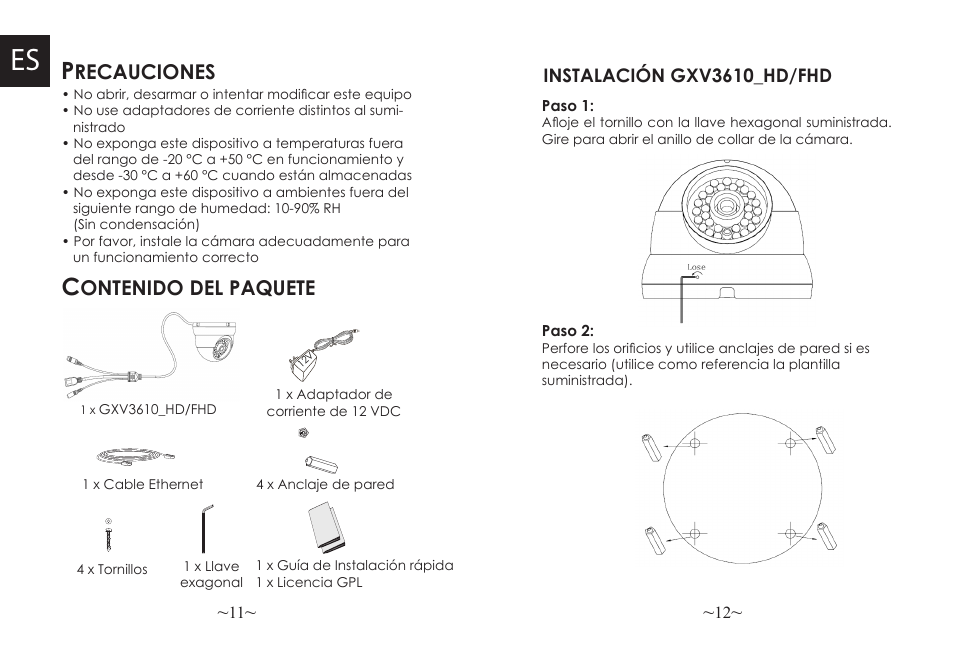 Recauciones, Ontenido del paquete | Grandstream GXV3610 v2 Series Quick Installation Guide User Manual | Page 8 / 47