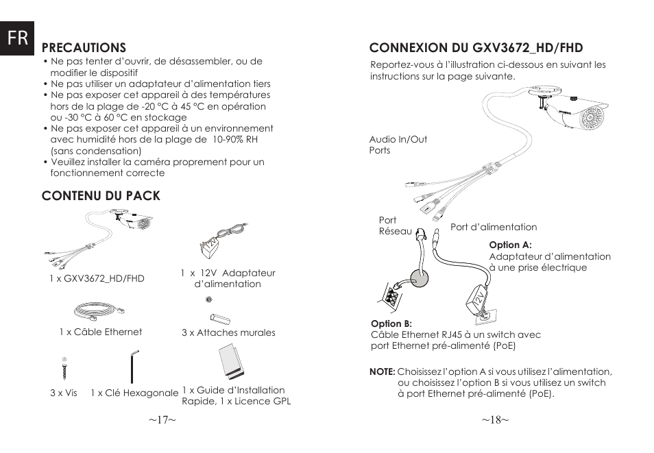 Precautions contenu du pack, Connexion du gxv3672_hd/fhd | Grandstream GXV3672_HD Quick Installation Guide User Manual | Page 11 / 38