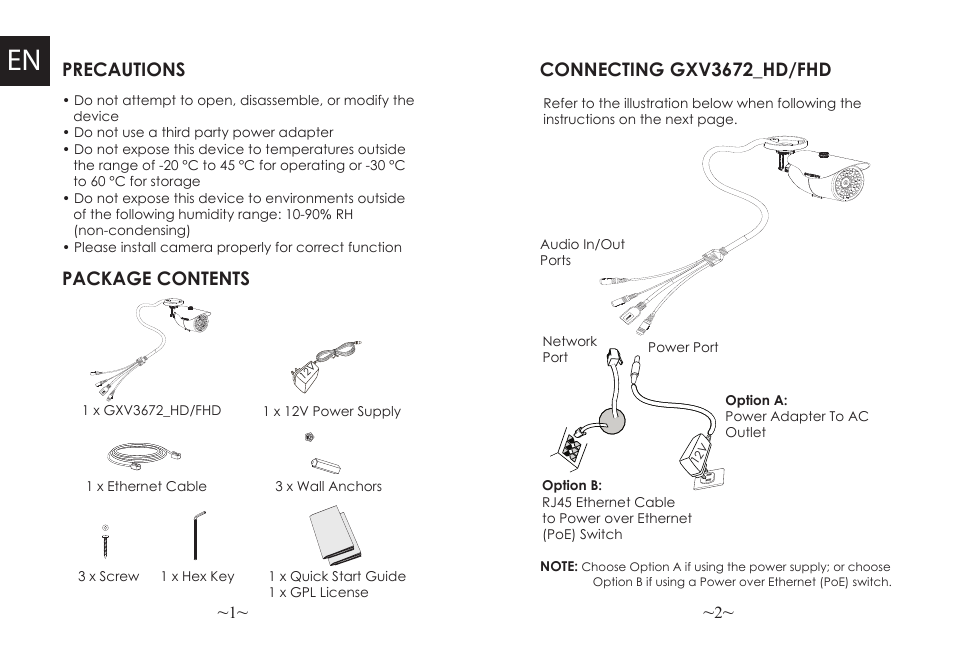 Precautions package contents, Connecting gxv3672_hd/fhd | Grandstream GXV3672_HD Quick Installation Guide User Manual | Page 3 / 38