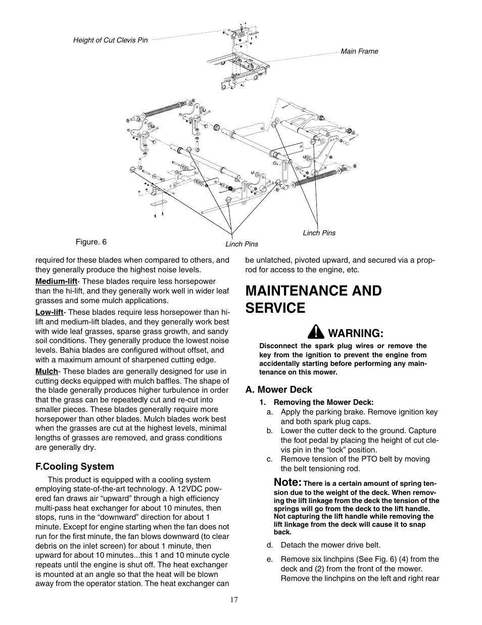 Maintenance and service, Warning | Cub Cadet Zero-Turn Commercial Riding Mower Professional Turf Equipment User Manual | Page 17 / 36