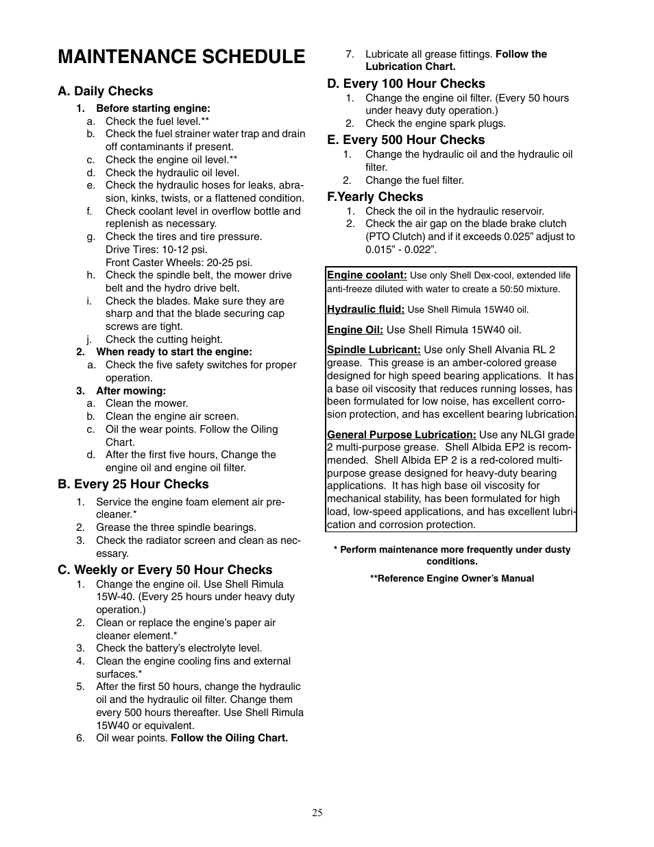 Maintenance schedule | Cub Cadet Zero-Turn Commercial Riding Mower Professional Turf Equipment User Manual | Page 25 / 36