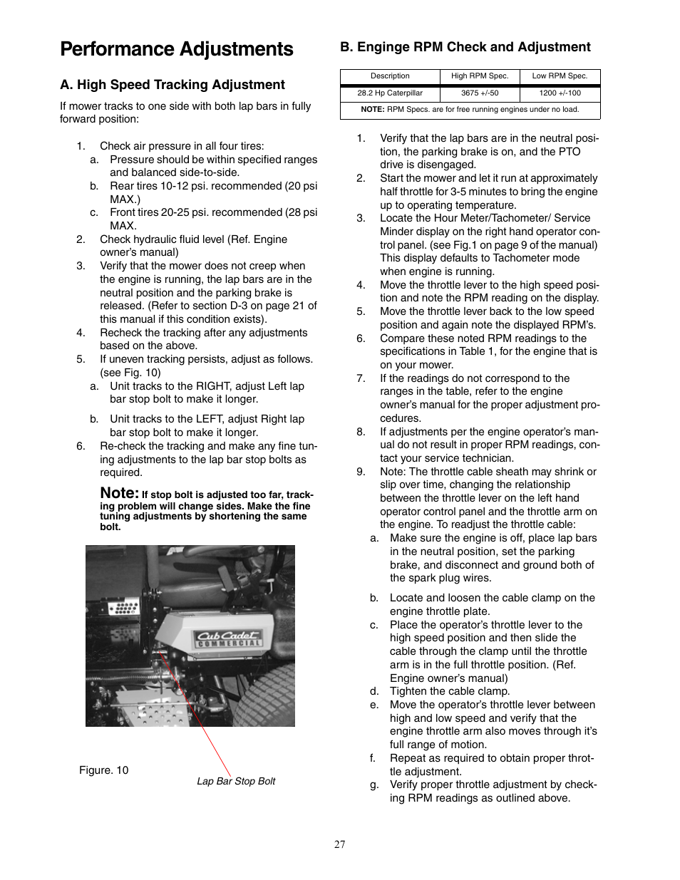 Performance adjustments | Cub Cadet Zero-Turn Commercial Riding Mower Professional Turf Equipment User Manual | Page 27 / 36