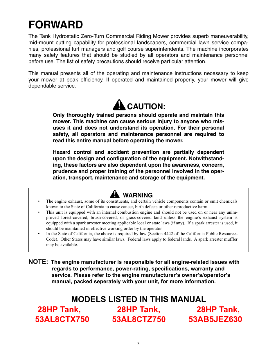 Forward, Caution | Cub Cadet Zero-Turn Commercial Riding Mower Professional Turf Equipment User Manual | Page 3 / 36