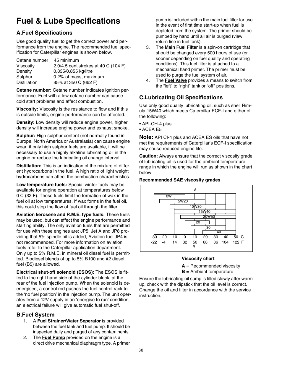 Fuel & lube specifications, A.fuel specifications, B.fuel system | C.lubricating oil specifications | Cub Cadet Zero-Turn Commercial Riding Mower Professional Turf Equipment User Manual | Page 30 / 36