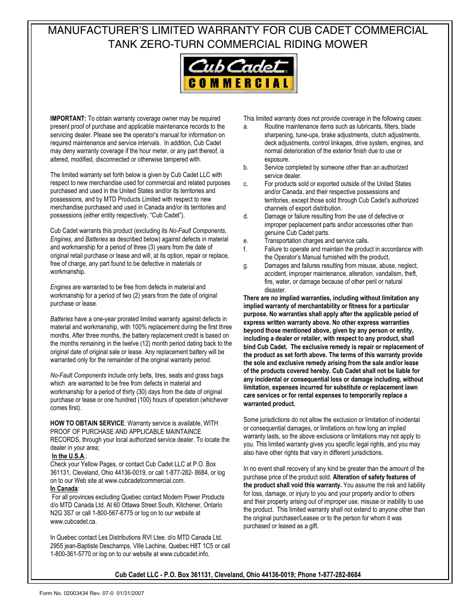 Cub Cadet Zero-Turn Commercial Riding Mower Professional Turf Equipment User Manual | Page 36 / 36