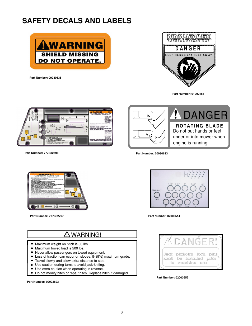 Danger, Safety decals and labels | Cub Cadet Zero-Turn Commercial Riding Mower Professional Turf Equipment User Manual | Page 8 / 36