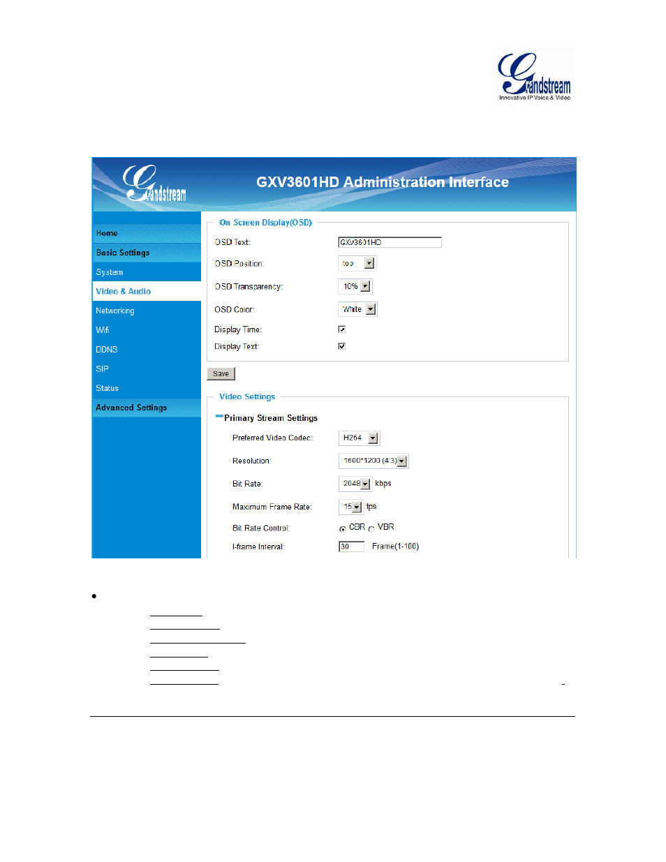 Ideo, Udio, Etting | Igure, Ettings, Video & audio setting page, Figure 4-1: video & audio settings page | Grandstream GXV3601 Series IP Camera User Manual User Manual | Page 22 / 59