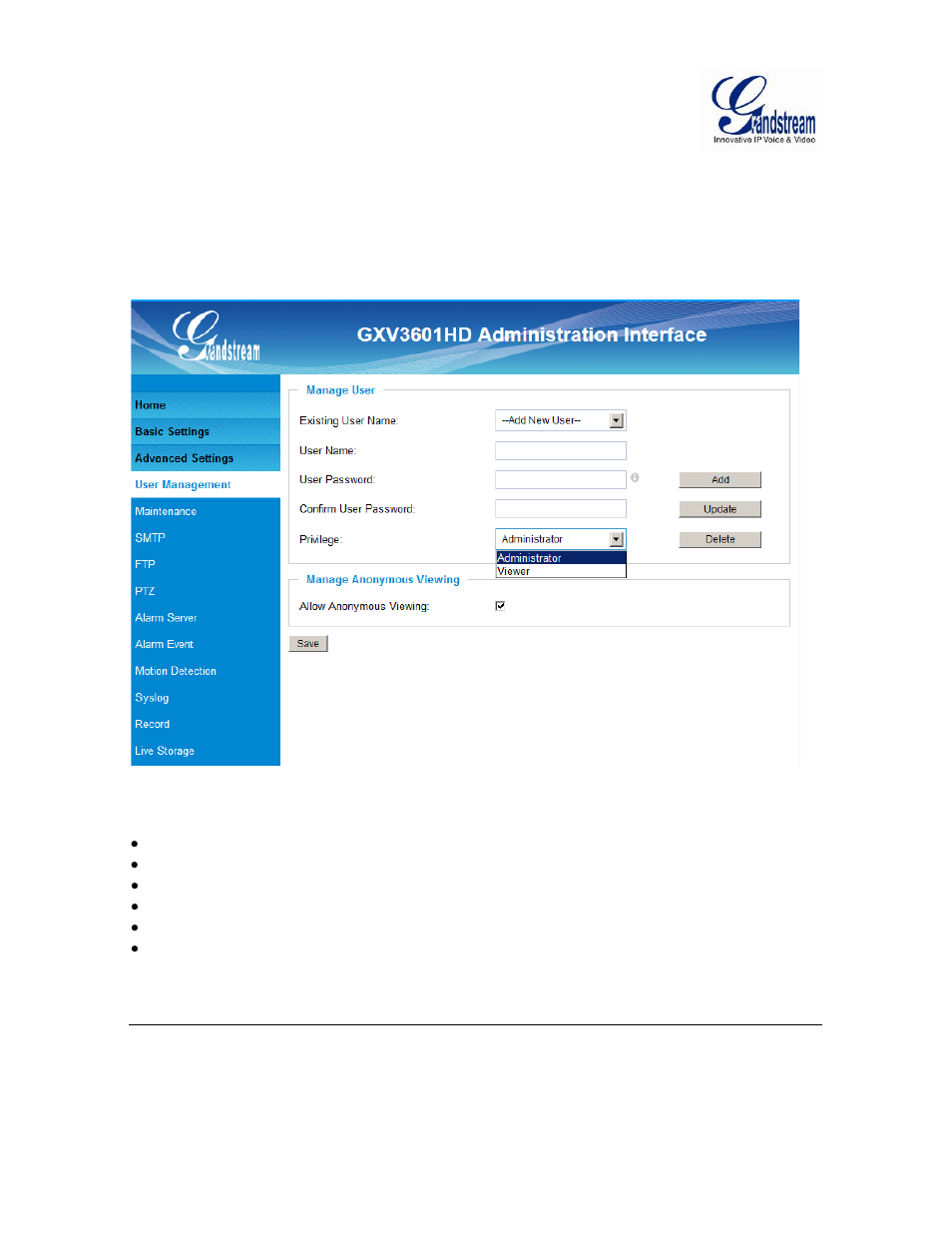 Advanced settings explanation, Anagement, Igure | User management page, Figure 10: user management page | Grandstream GXV3601 Series IP Camera User Manual User Manual | Page 34 / 59