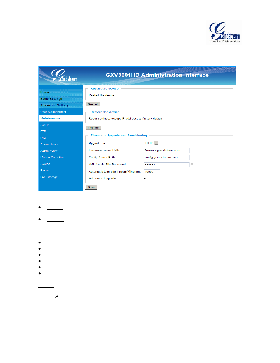 Aintenance, Igure, Maintenance page | Figure 11: maintenance page | Grandstream GXV3601 Series IP Camera User Manual User Manual | Page 35 / 59