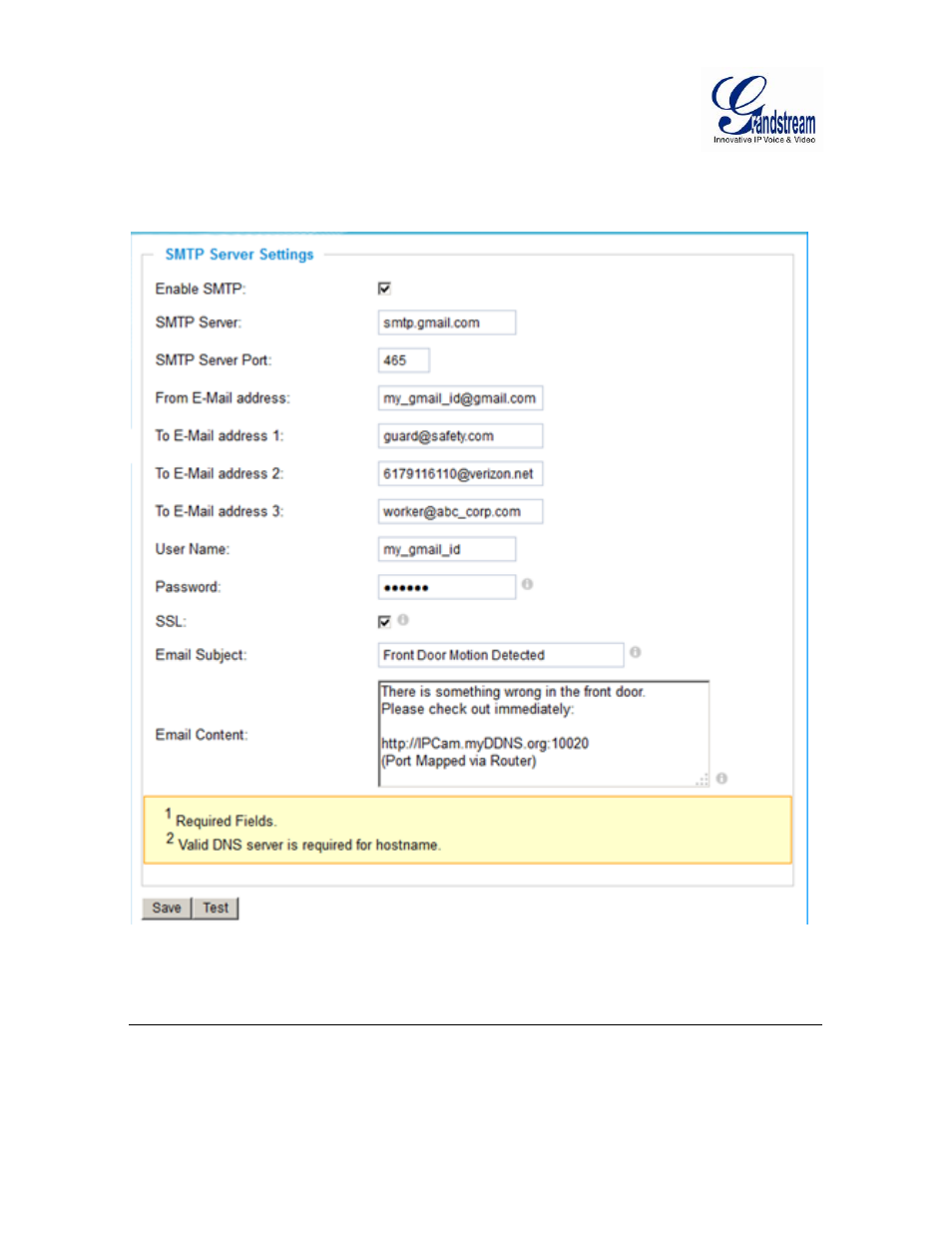 Smtp, Etting, Mail | Larm, Igure, Smtp setting page (email alarm), Figure 12: smtp setting page | Grandstream GXV3601 Series IP Camera User Manual User Manual | Page 36 / 59