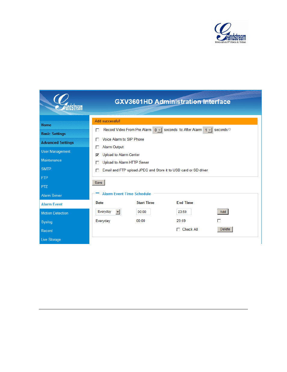 Alarm event, Igure, Larm | Vent, Etting, Figure 16: alarm event setting page | Grandstream GXV3601 Series IP Camera User Manual User Manual | Page 42 / 59