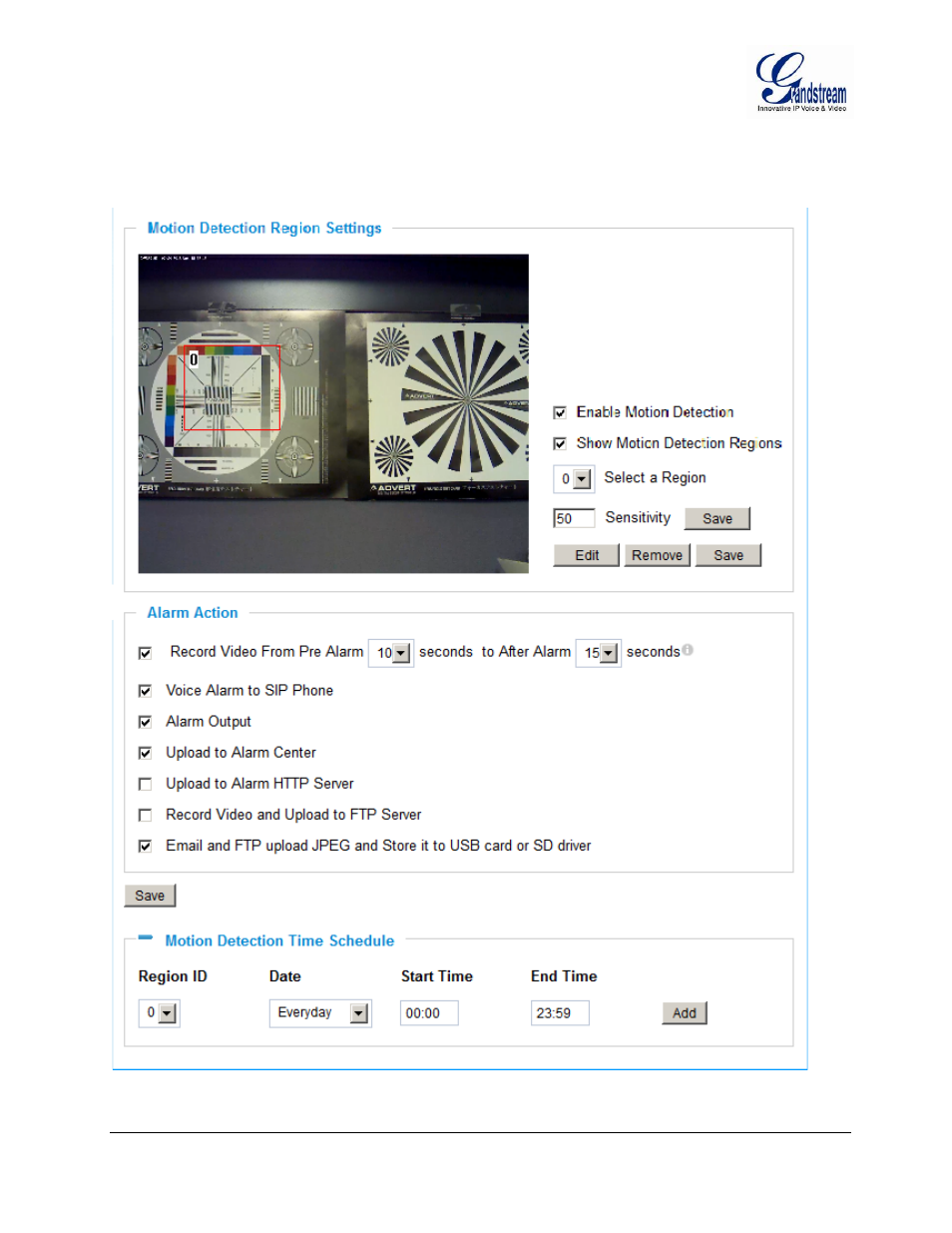 Otion, Etection, Onfiguration | Larm, Igure, Motion detection configuration page (set alarm), Figure 17-1: motion detection configuration page | Grandstream GXV3601 Series IP Camera User Manual User Manual | Page 47 / 59