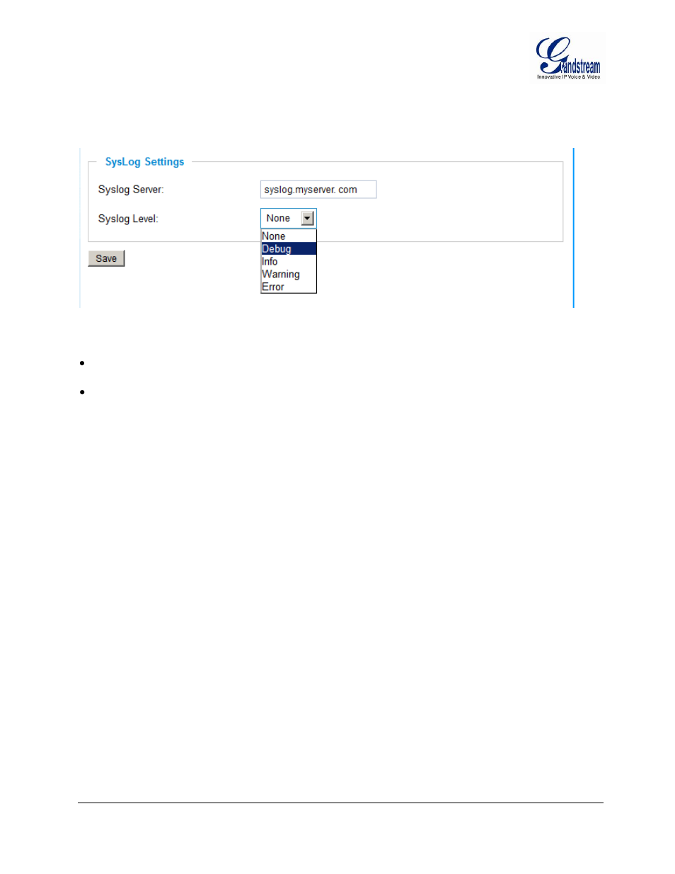 Yslog, Ettings, Roubleshooting | Igure, Etting, Syslog settings page (troubleshooting), Figure 18: syslog setting page | Grandstream GXV3601 Series IP Camera User Manual User Manual | Page 49 / 59