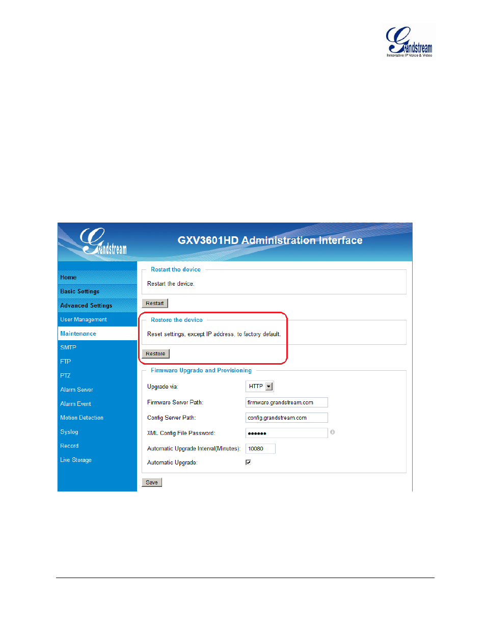 Restore factory default setting, Reset from web interface, Figure 22: factory reset from web interface | Eset from, Nterface, Igure, Actory | Grandstream GXV3601 Series IP Camera User Manual User Manual | Page 55 / 59