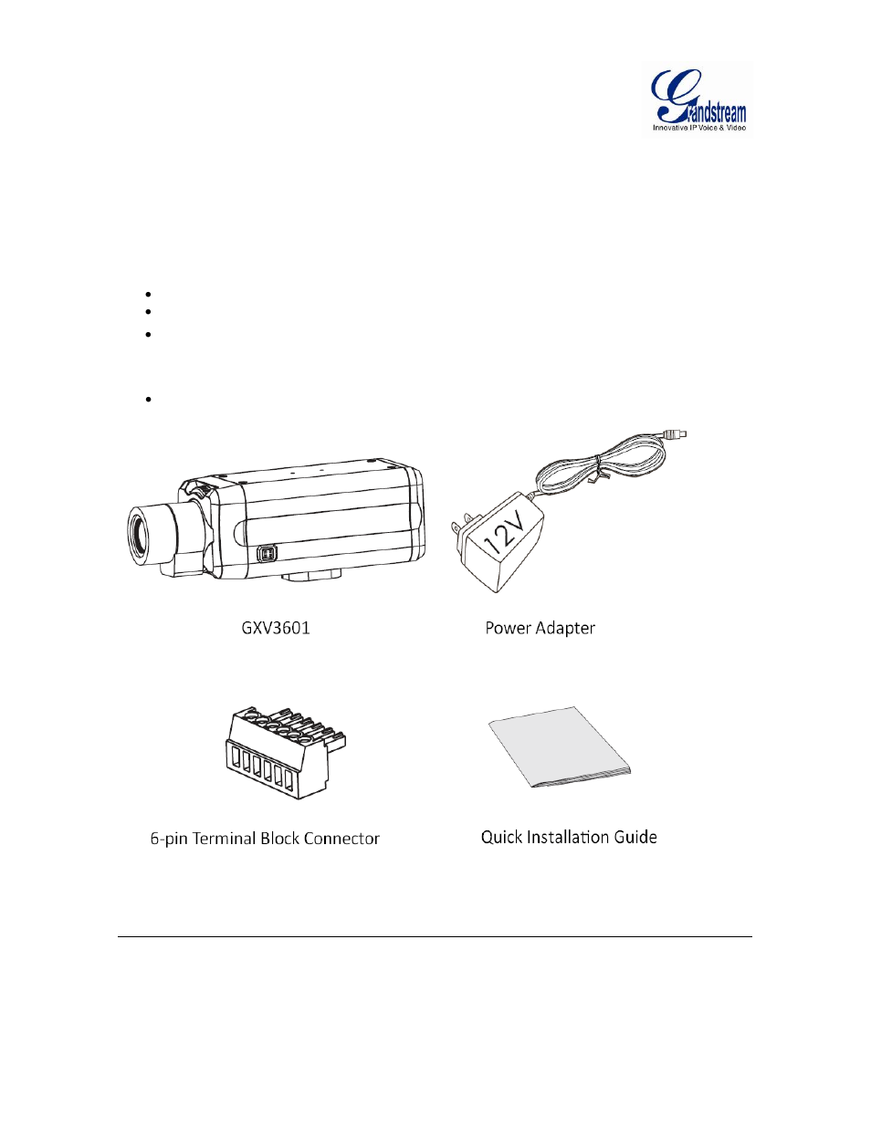 Connect your gxv3601_hd, Equipment package contents, Connecting the gxv3601_hd | Quipment, Ackage, Ontents, Onnecting the, Gxv3601_hd | Grandstream GXV3601 Series IP Camera User Manual User Manual | Page 8 / 59