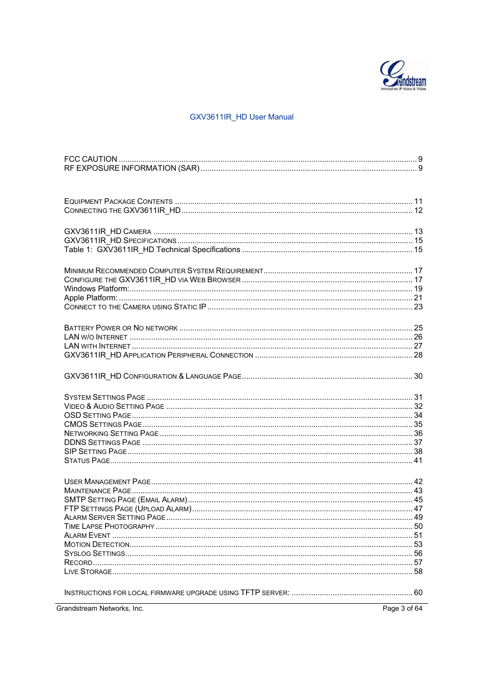 Grandstream GXV3611IR HD User Manual User Manual | Page 3 / 64