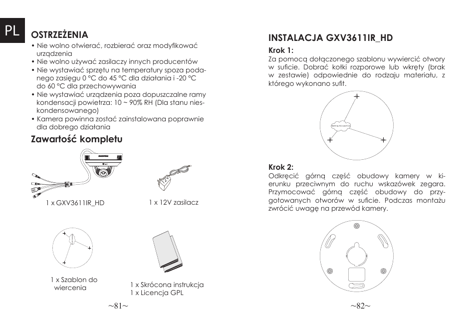Ostrzeżenia zawartość kompletu, Instalacja gxv3611ir_hd | Grandstream GXV3611IR HD Quick Installation Guide User Manual | Page 43 / 47