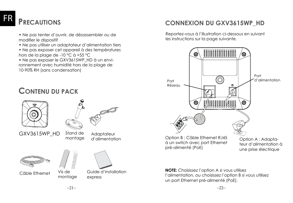 Recautions, Ontenu du pack, Connexion du gxv3615wp_hd | Grandstream GXV3615WP HD Quick Installation Guide User Manual | Page 13 / 22
