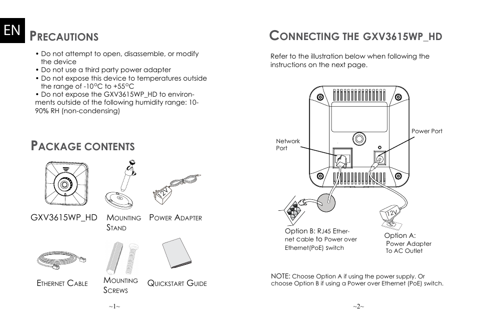 Recautions, Ackage contents, Onnecting the | Gxv3615wp_hd | Grandstream GXV3615WP HD Quick Installation Guide User Manual | Page 3 / 22