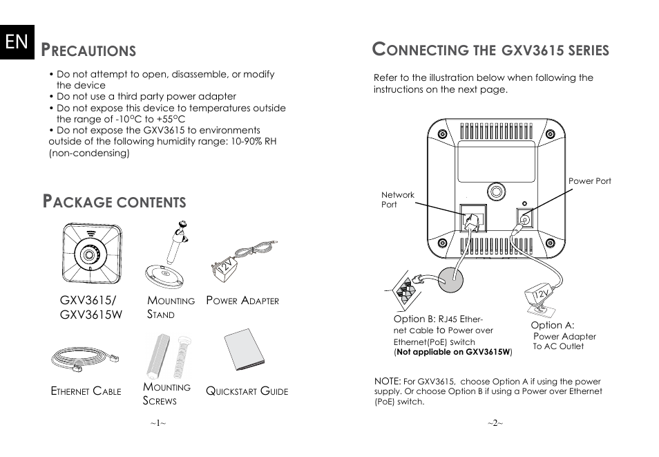 Recautions, Ackage contents, Onnecting the | Gxv3615 series | Grandstream GXV3615 Series Quick Installation Guide User Manual | Page 2 / 21