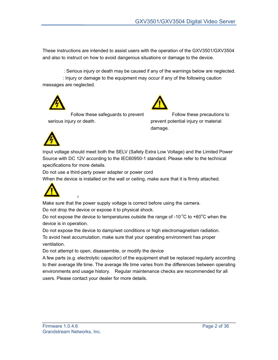 Safety instructions | Grandstream GXV3501 Series User Manual User Manual | Page 2 / 36