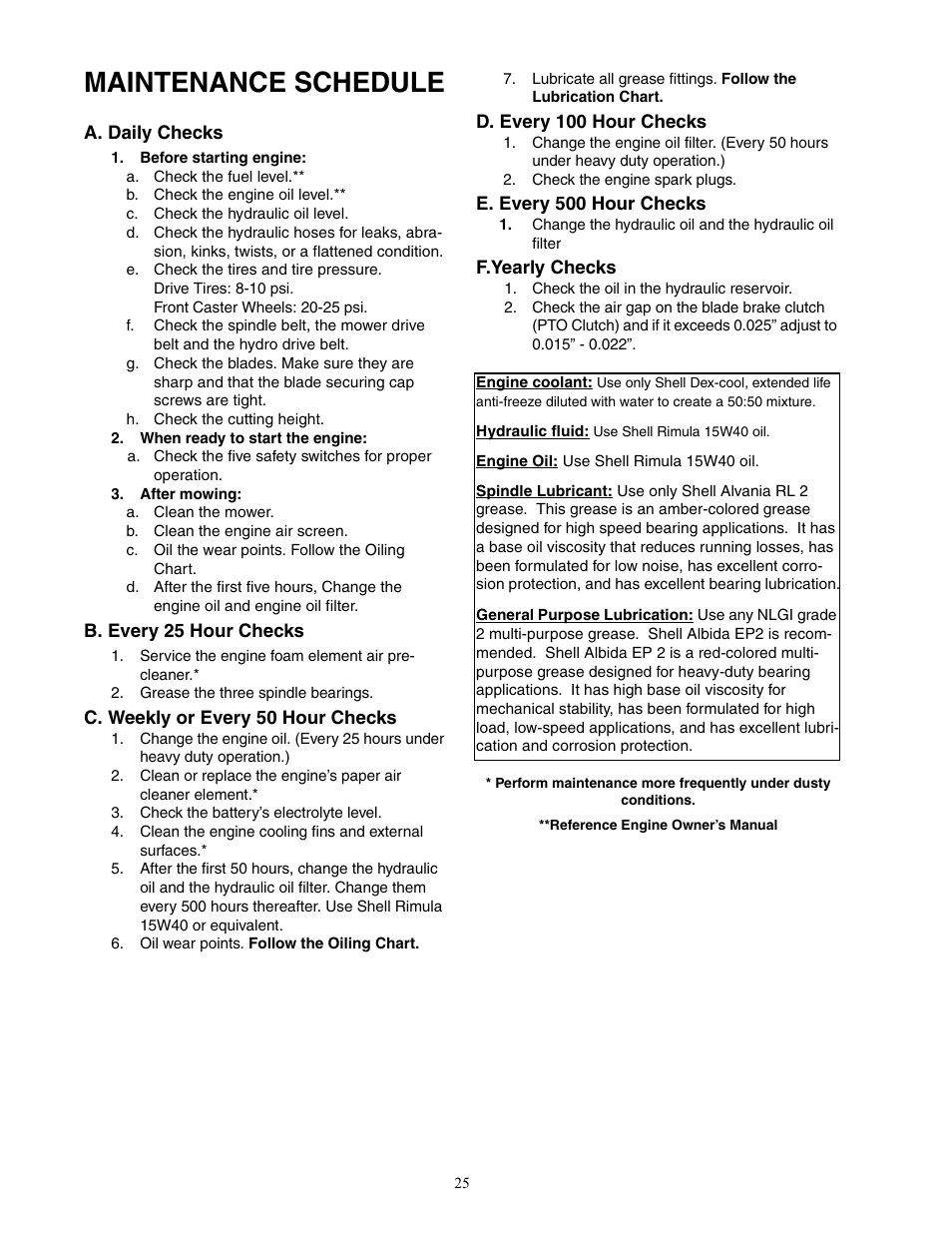 Maintenance schedule | Cub Cadet 53AJ8CT6050 User Manual | Page 25 / 36