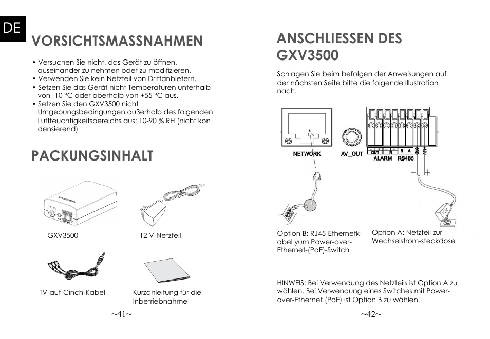 Vorsichtsmassnahmen packungsinhalt, Anschliessen des gxv3500 | Grandstream GXV3500 Quick Installation Guide User Manual | Page 23 / 32