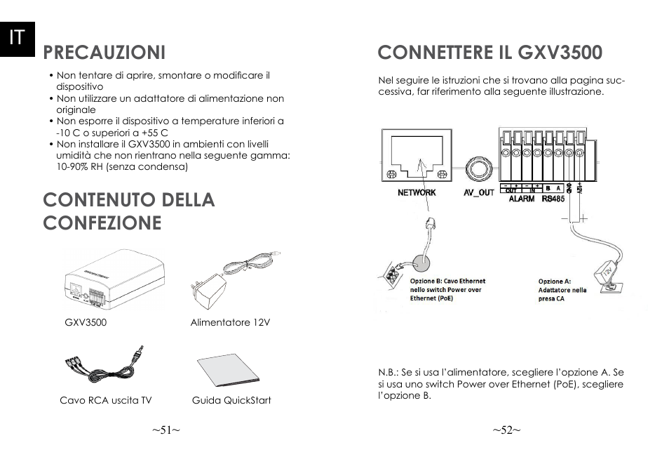 Precauzioni contenuto della confezione, Connettere il gxv3500 | Grandstream GXV3500 Quick Installation Guide User Manual | Page 28 / 32