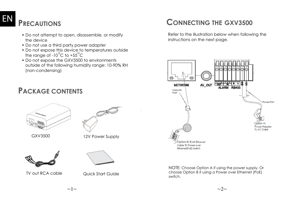 Recautions, Ackage contents, Onnecting the | Gxv3500 | Grandstream GXV3500 Quick Installation Guide User Manual | Page 3 / 32