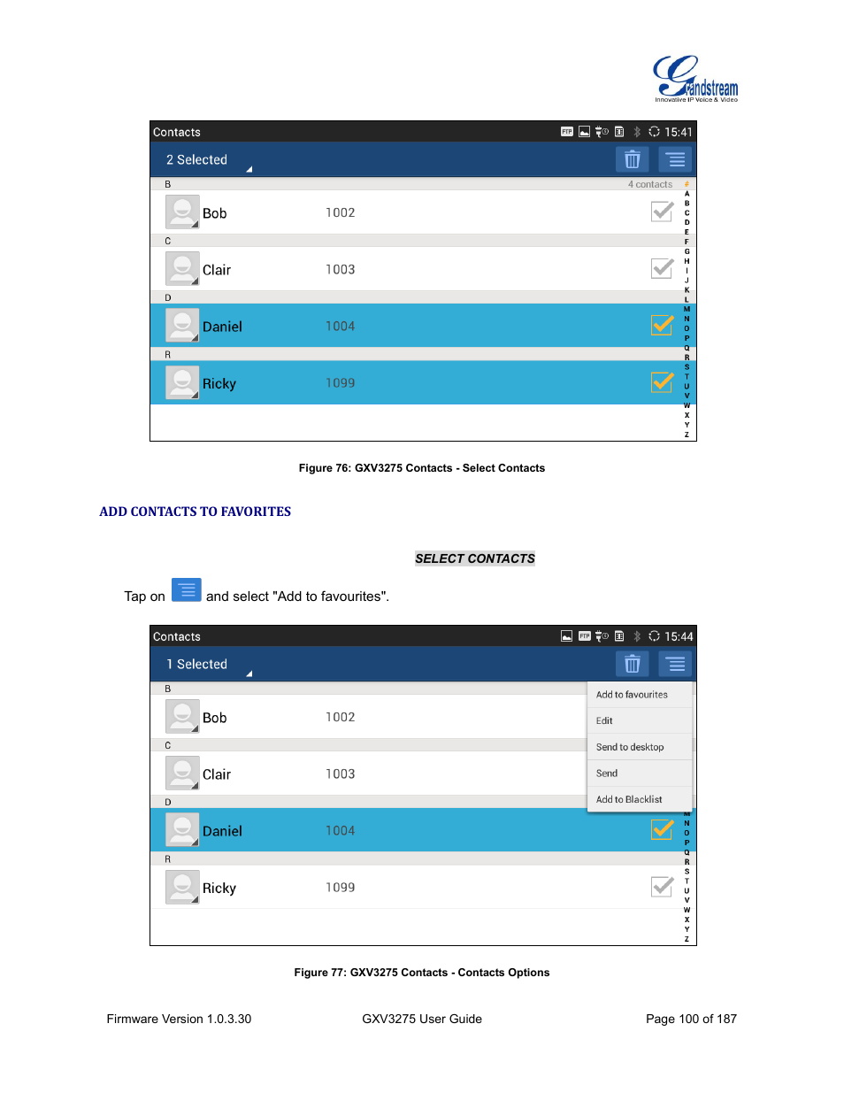 Add contacts to favorites, Figure 76: gxv3275 contacts - select contacts, Figure 77: gxv3275 contacts - contacts options | Grandstream GXV3275 User Guide User Manual | Page 102 / 189