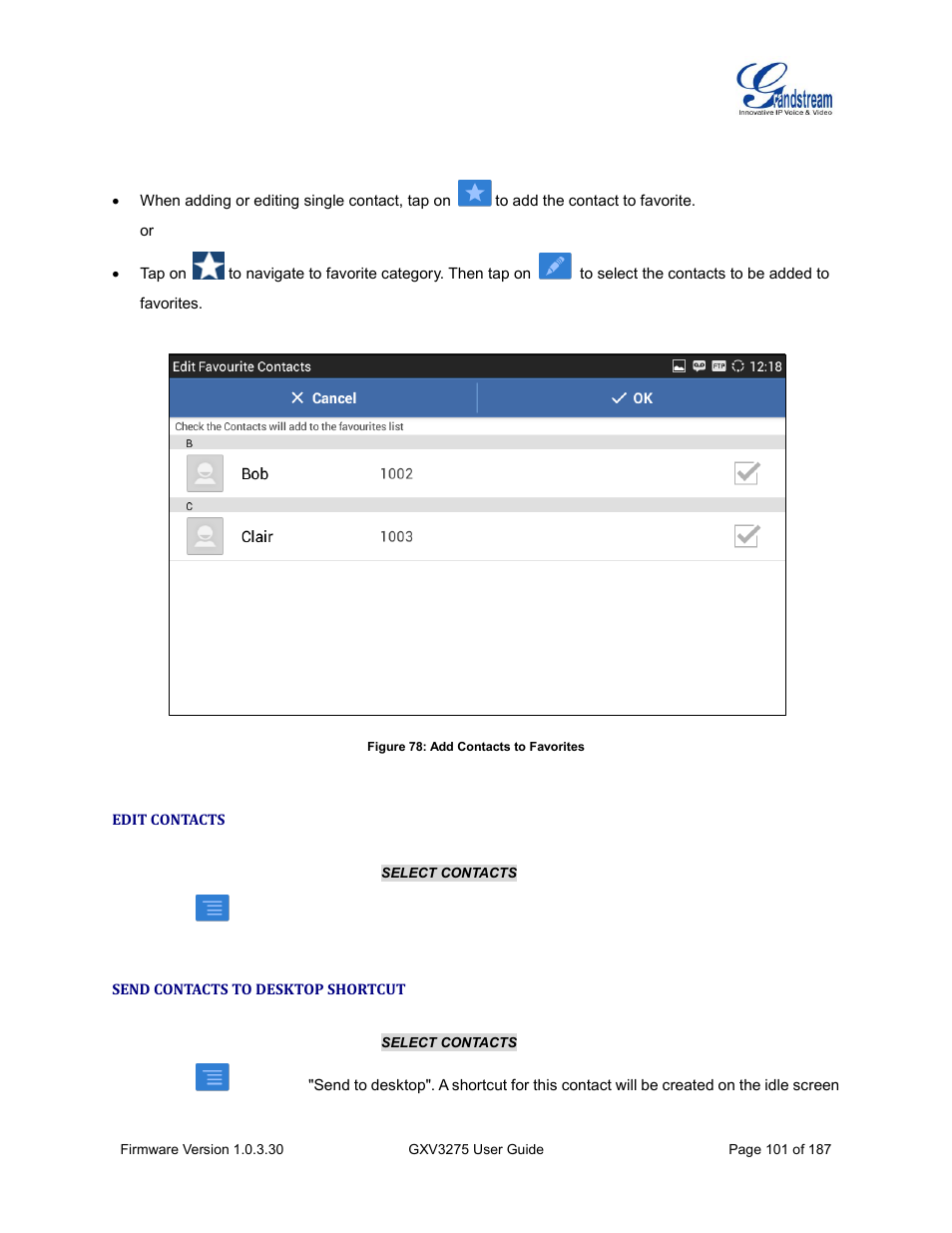 Edit contacts, Send contacts to desktop shortcut, Figure 78: add contacts to favorites | Grandstream GXV3275 User Guide User Manual | Page 103 / 189