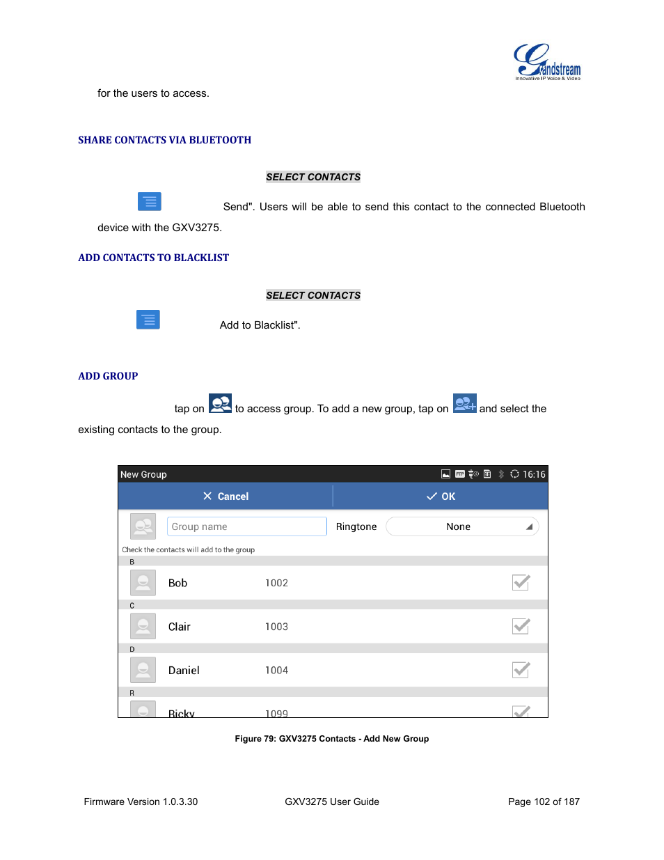 Share contacts via bluetooth, Add contacts to blacklist, Add group | Figure 79: gxv3275 contacts - add new group | Grandstream GXV3275 User Guide User Manual | Page 104 / 189