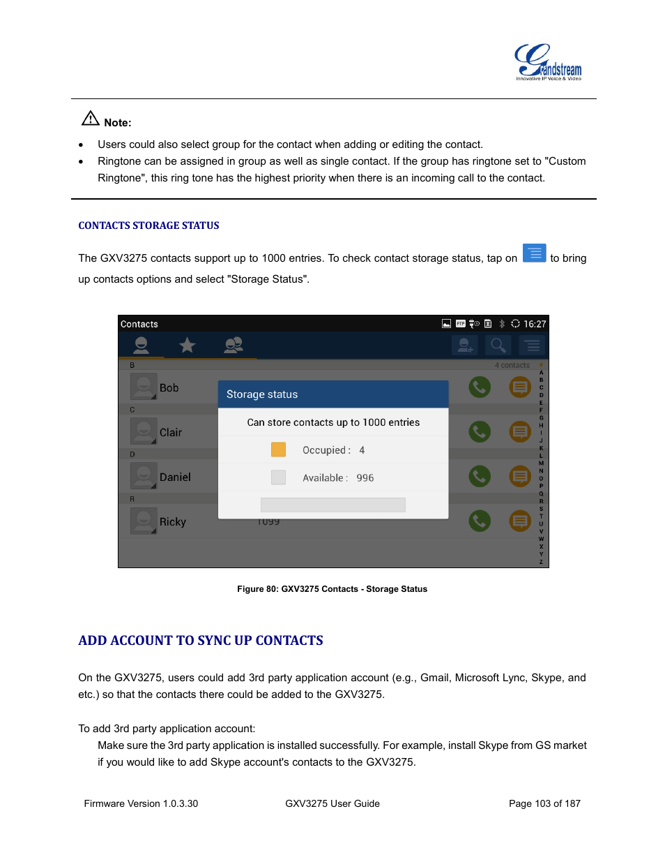 Contacts storage status, Add account to sync up contacts, Figure 80: gxv3275 contacts - storage status | Grandstream GXV3275 User Guide User Manual | Page 105 / 189