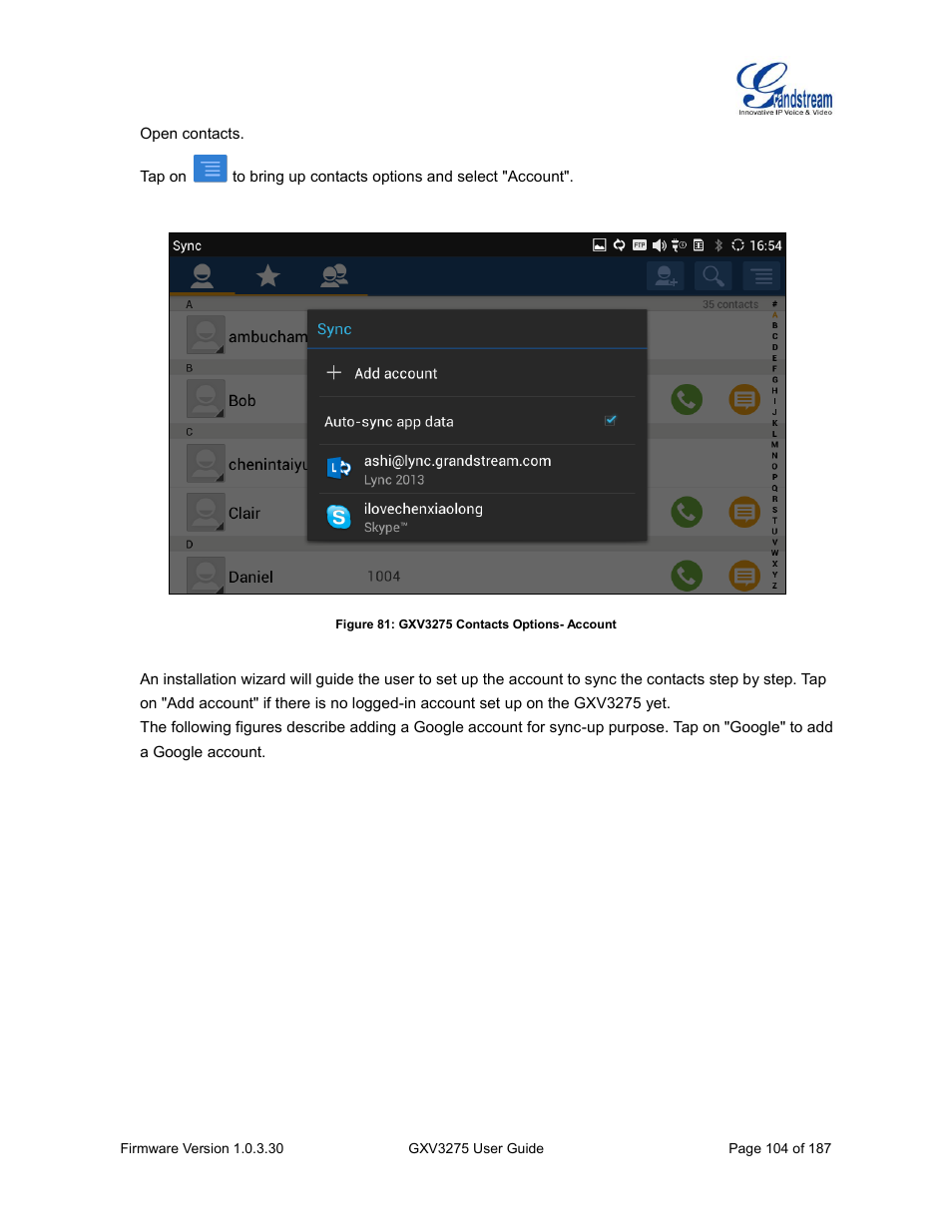 Figure 81: gxv3275 contacts options- account | Grandstream GXV3275 User Guide User Manual | Page 106 / 189