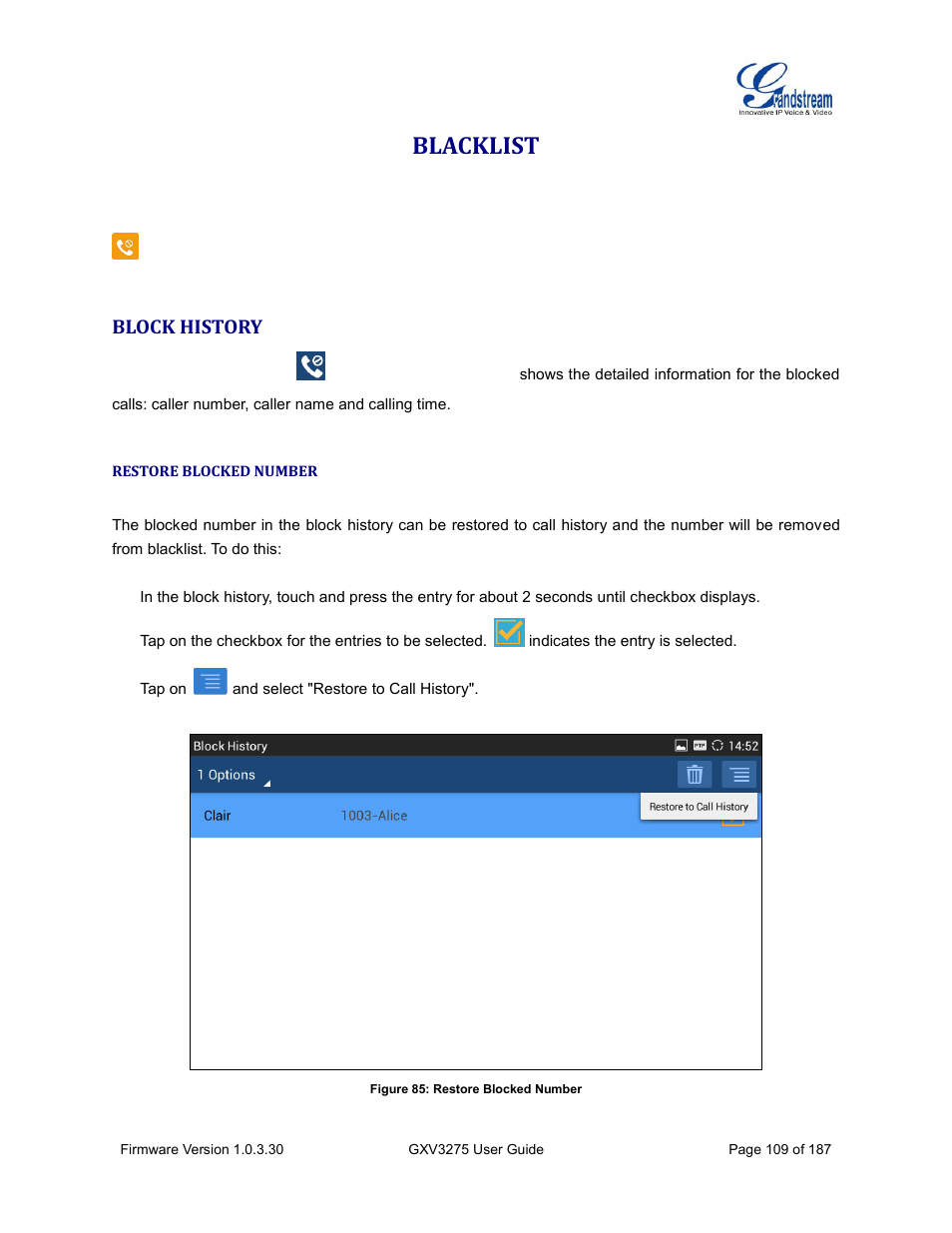 Blacklist, Block history, Restore blocked number | Figure 85: restore blocked number | Grandstream GXV3275 User Guide User Manual | Page 111 / 189