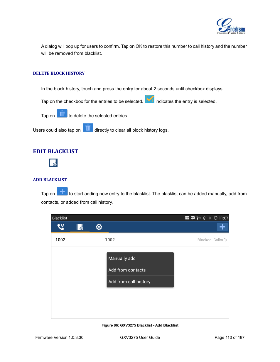 Delete block history, Edit blacklist, Add blacklist | Figure 86: gxv3275 blacklist - add blacklist | Grandstream GXV3275 User Guide User Manual | Page 112 / 189