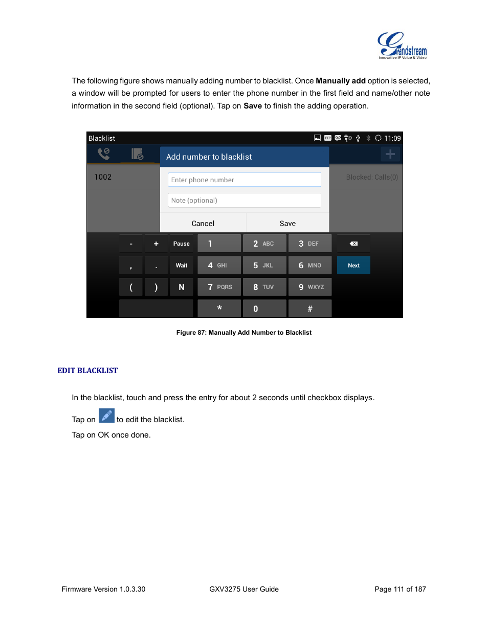 Edit blacklist, Figure 87: manually add number to blacklist | Grandstream GXV3275 User Guide User Manual | Page 113 / 189