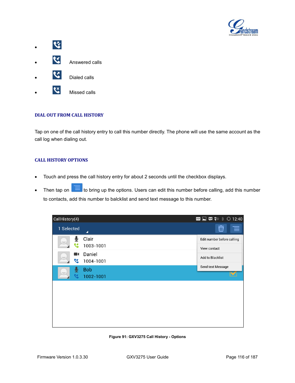 Dial out from call history, Call history options, Figure 91: gxv3275 call history - options | Grandstream GXV3275 User Guide User Manual | Page 118 / 189