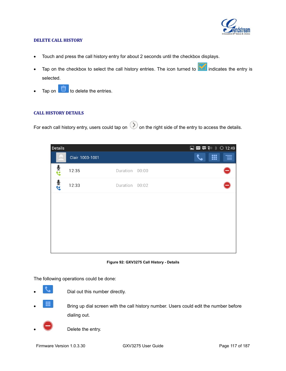 Delete call history, Call history details, Figure 92: gxv3275 call history - details | Grandstream GXV3275 User Guide User Manual | Page 119 / 189