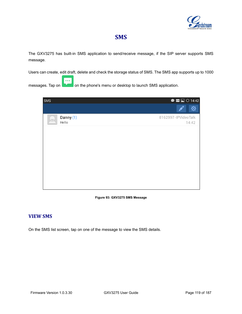 View sms, Figure 93: gxv3275 sms message | Grandstream GXV3275 User Guide User Manual | Page 121 / 189