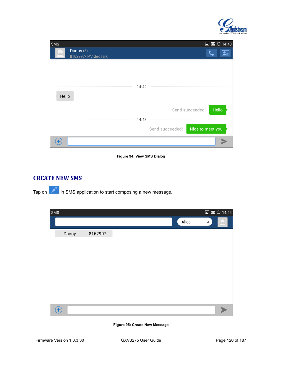 Create new sms, Figure 94: view sms dialog, Figure 95: create new message | Grandstream GXV3275 User Guide User Manual | Page 122 / 189