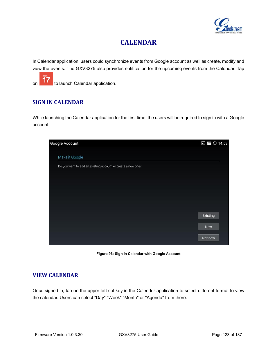 Calendar, Sign in calendar, View calendar | Figure 96: sign in calendar with google account | Grandstream GXV3275 User Guide User Manual | Page 125 / 189