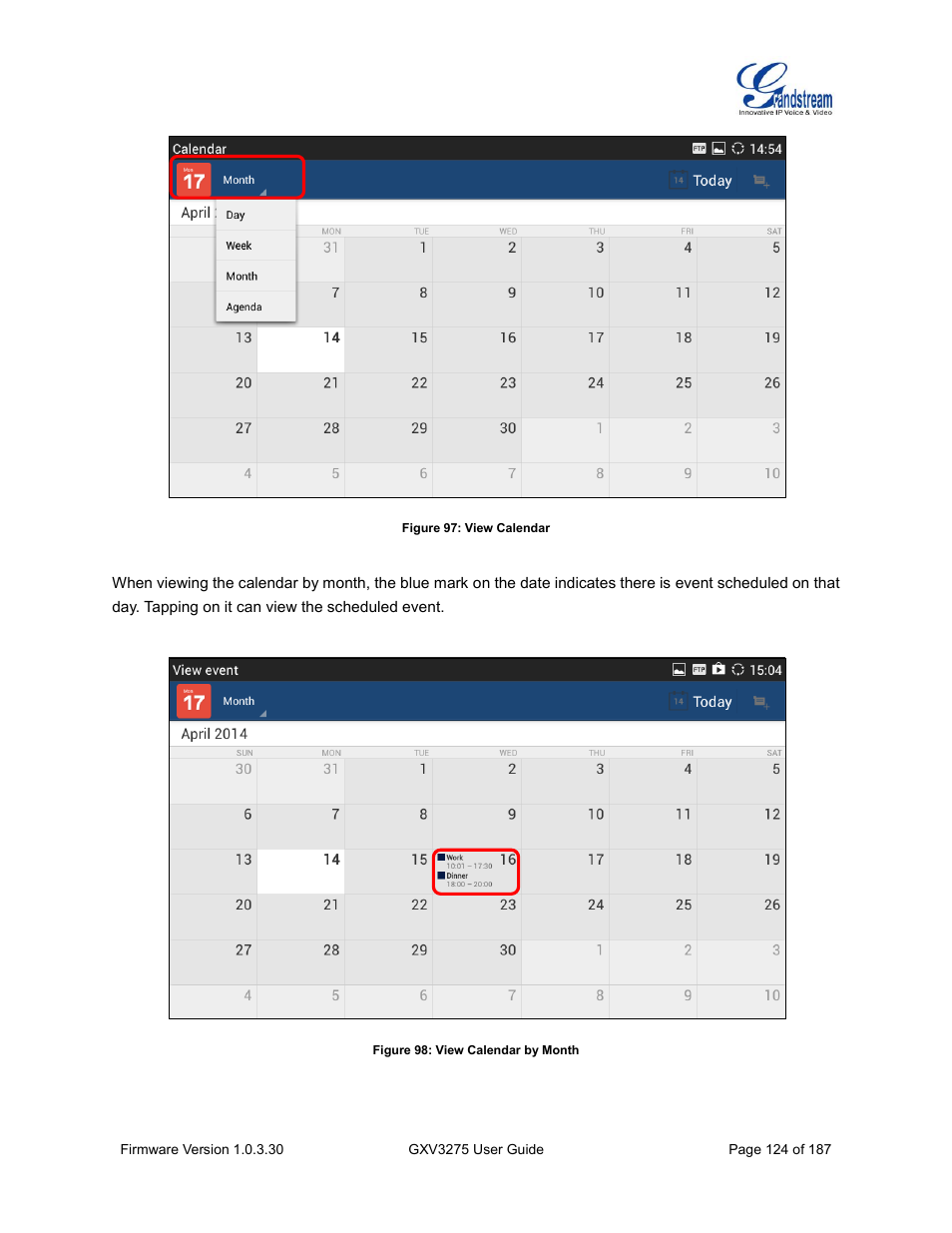 Figure 97: view calendar, Figure 98: view calendar by month | Grandstream GXV3275 User Guide User Manual | Page 126 / 189