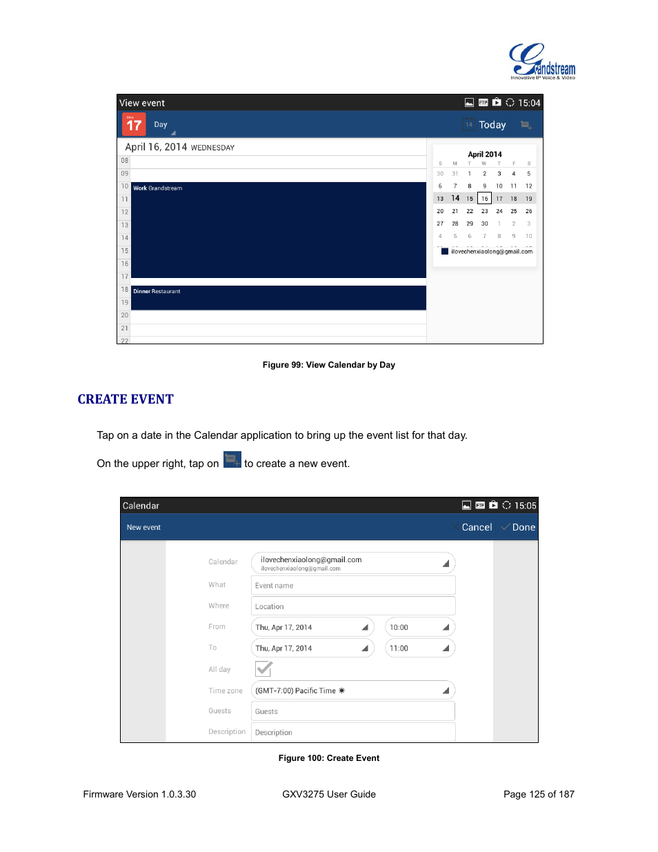 Create event, Figure 99: view calendar by day, Figure 100: create event | Grandstream GXV3275 User Guide User Manual | Page 127 / 189