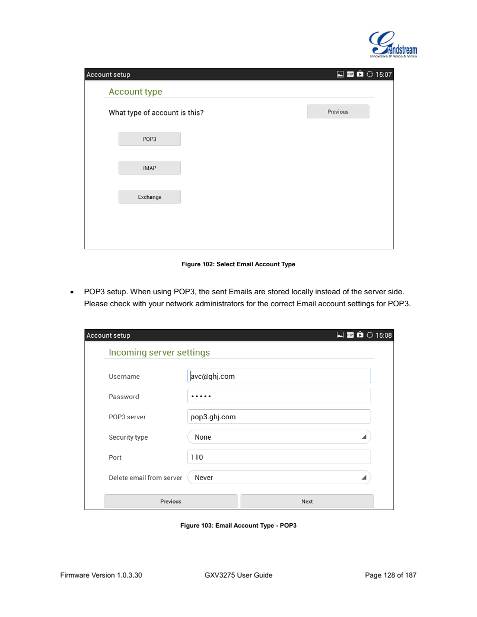 Figure 102: select email account type, Figure 103: email account type - pop3 | Grandstream GXV3275 User Guide User Manual | Page 130 / 189